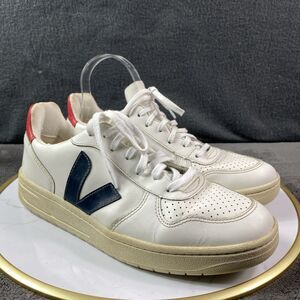 VEJA V-10 White Leather Sneakers Womens 9 Marsala Nautico Burgundy Blue Shoes